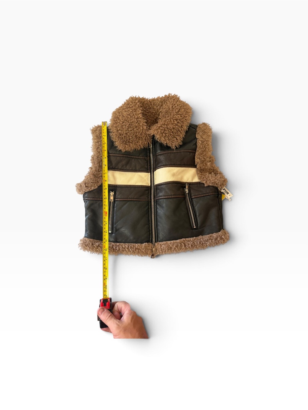 Brown Faux Shearling Trim Zip Vest with Cream Stripe - Picture 4 of 7
